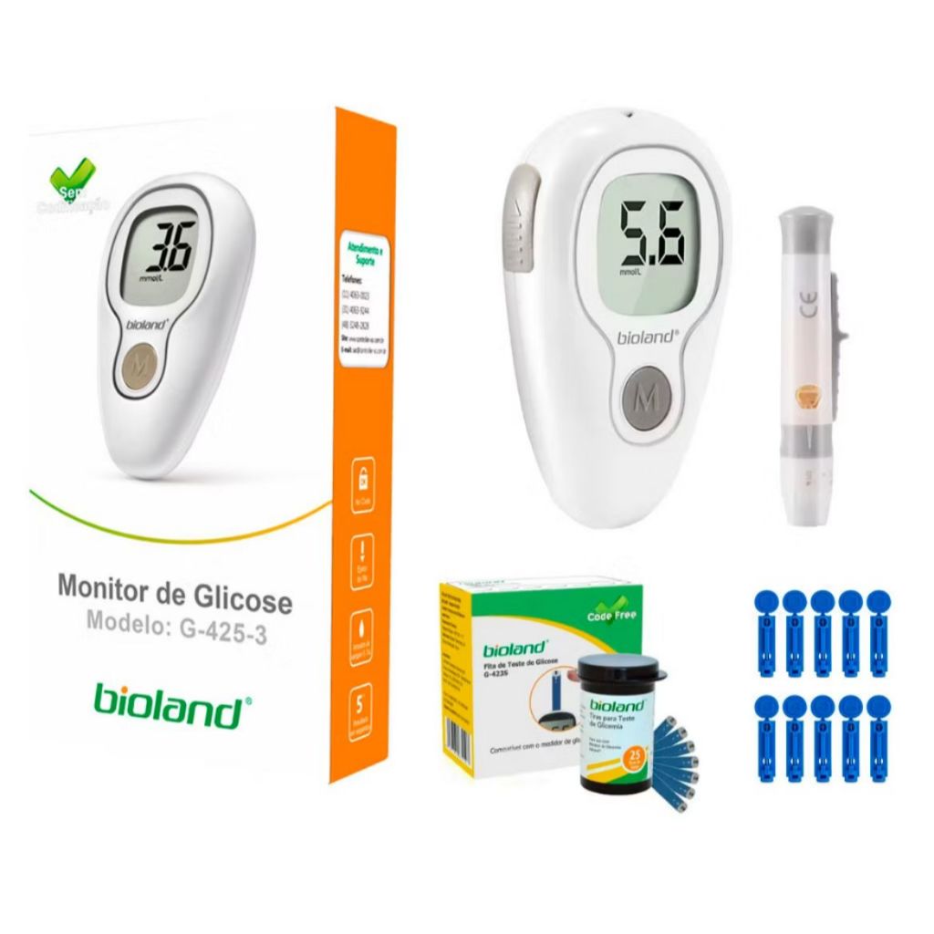 Kit Aparelho Medir Glicose Diabetes Completo - Bioland Dextro Medidor de Glicose Diabete