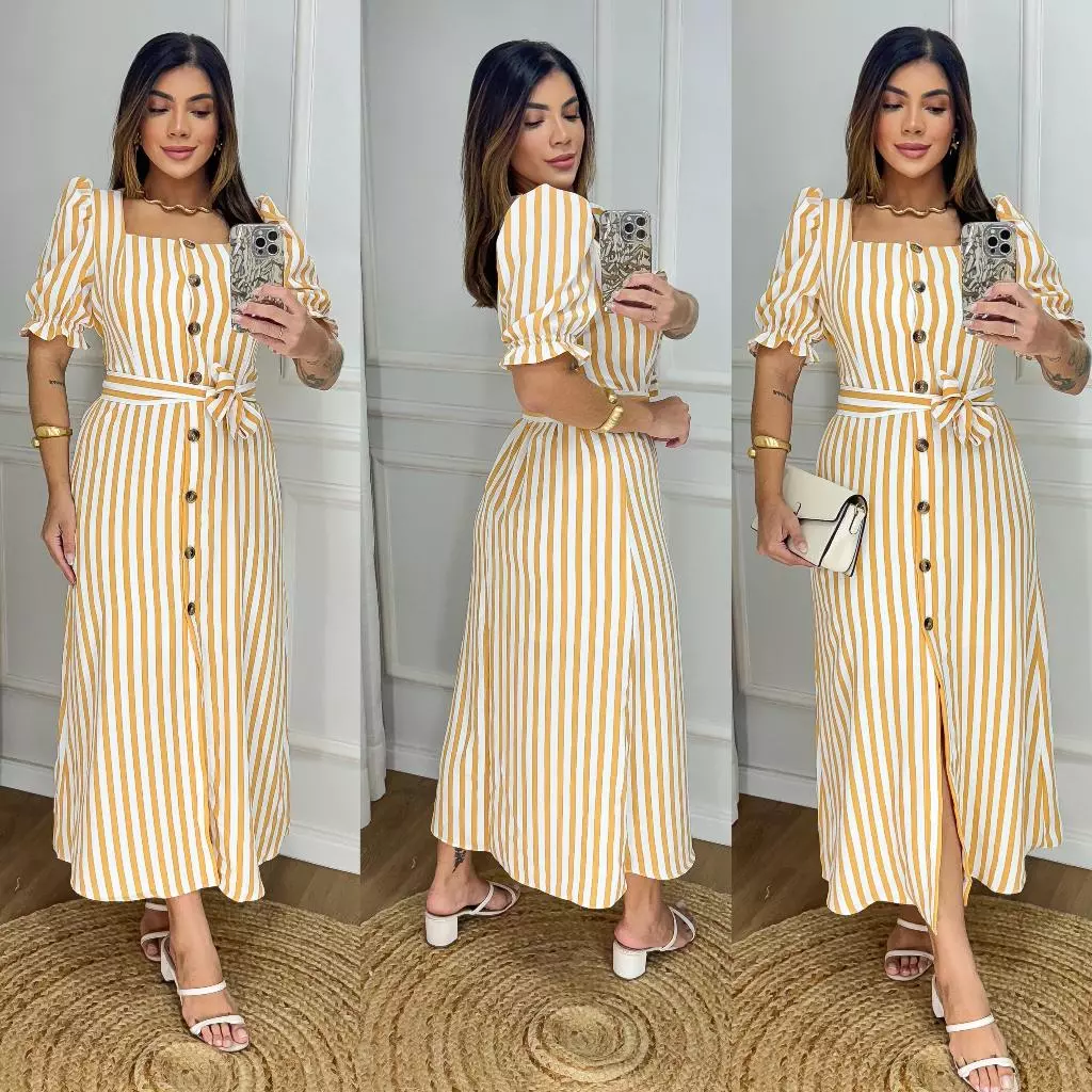 Vestido Longo Listrado com Botões e Cinto - Manga Bufante - Modelo Elegante com Elastex — imagem 1