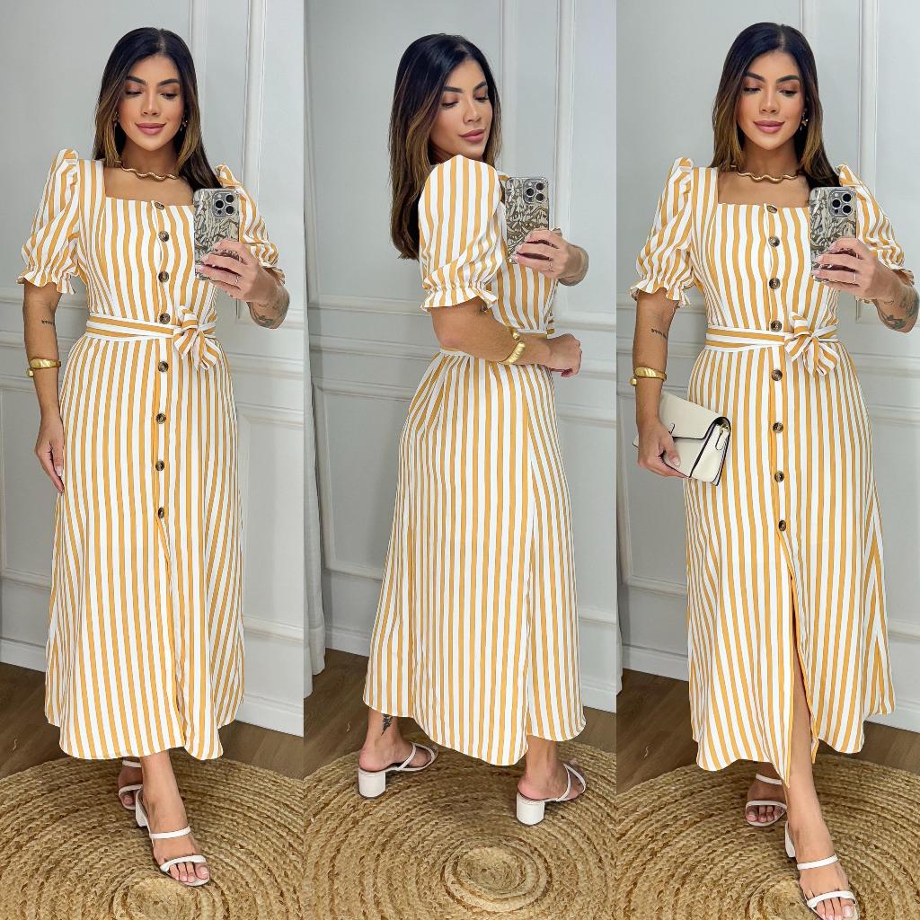 Vestido Longo Listrado com Botões e Cinto - Manga Bufante - Modelo Elegante com Elastex em Oferta na Shopee