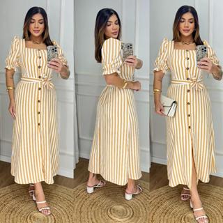 Vestido Longo Listrado com Botões e Cinto - Manga Bufante - Modelo Elegante com Elastex em Oferta na Shopee