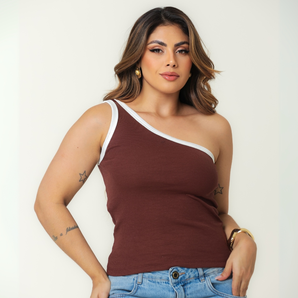 Blusa Feminina Canelada Ribana Canelada Nula Manga Bicolor, Moderna, Confortável e Estilosa