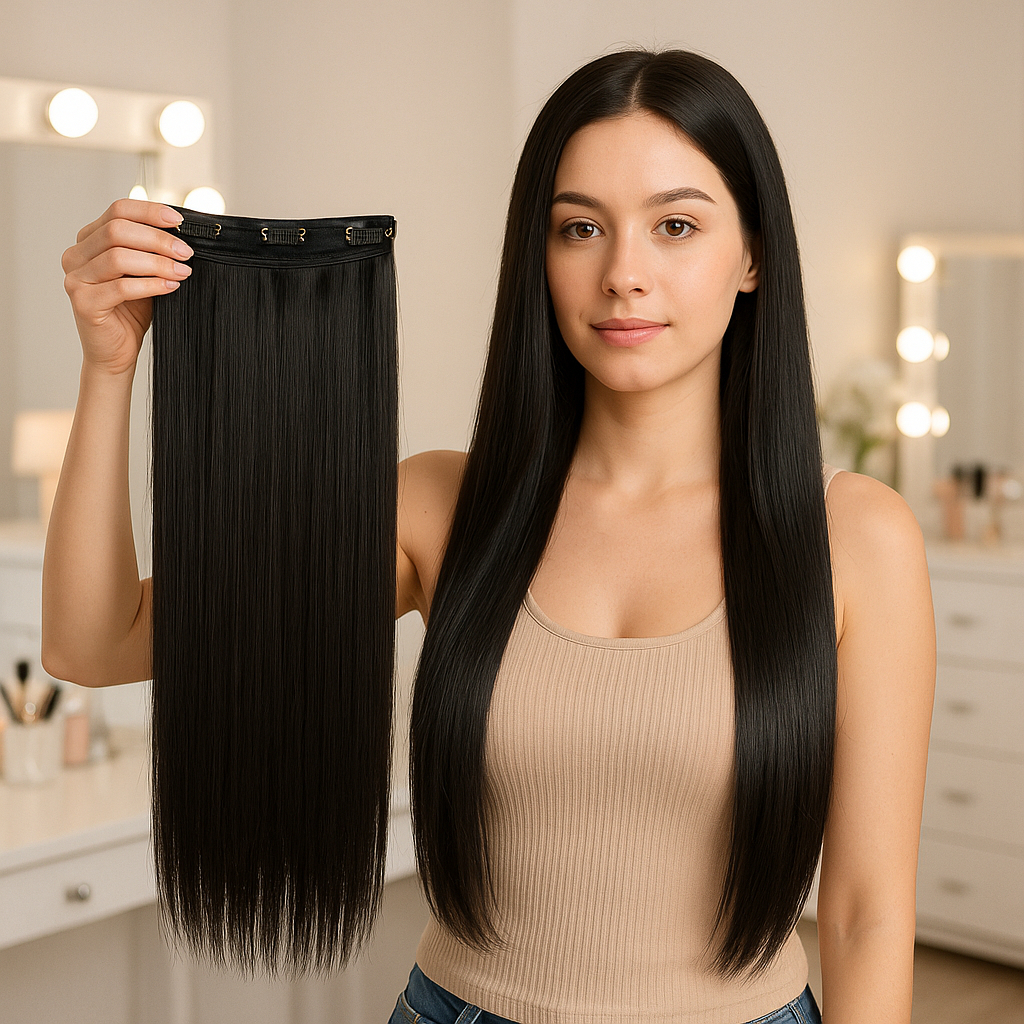 Extensão de Cabelo Preto em Fibra Orgânica Wig Liso Com Aplique Tic Tac Para Volume