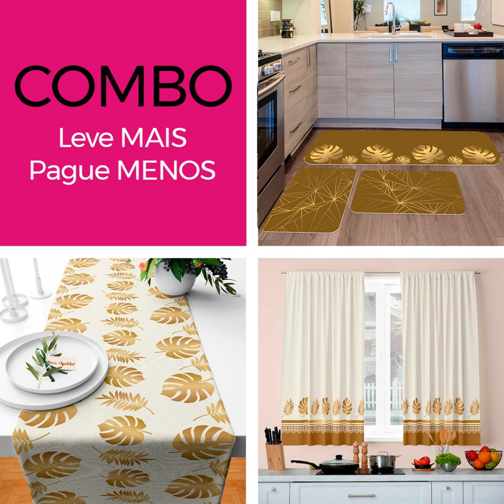 COMBO COZINHA FOLHAS DOURADAS: CORTINA DECORATIVA + KIT 3 TAPETES PARA COZINHA + TRILHO DE MESA - LEVE MAIS PAGUE MENOS!