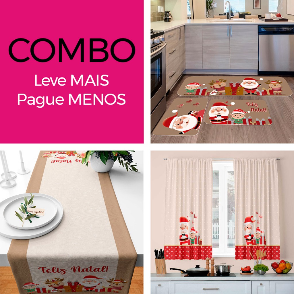COMBO COZINHA NATALINO 01: CORTINA DECORATIVA + KIT 3 TAPETES PARA COZINHA + TRILHO DE MESA - LEVE MAIS PAGUE MENOS!