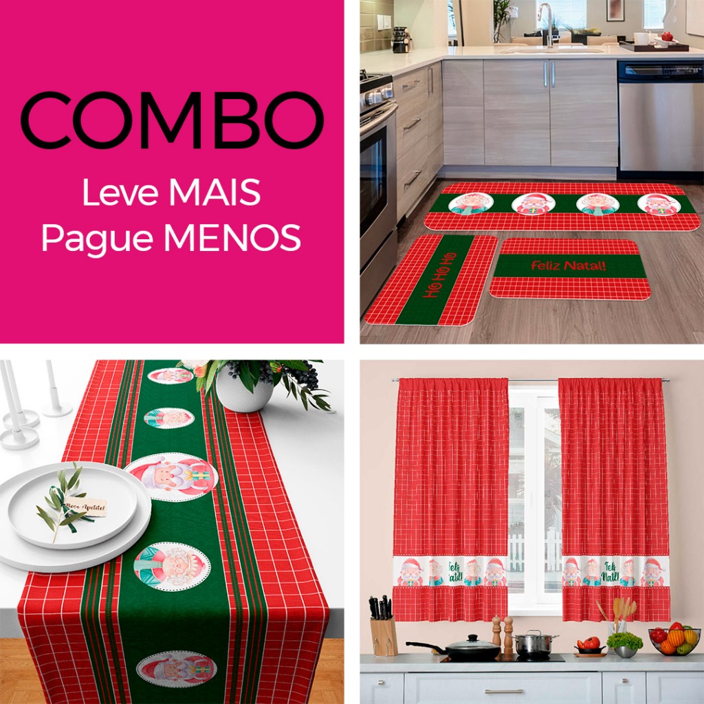 COMBO COZINHA NATALINO 02: CORTINA DECORATIVA + KIT 3 TAPETES PARA COZINHA + TRILHO DE MESA - LEVE MAIS PAGUE MENOS!