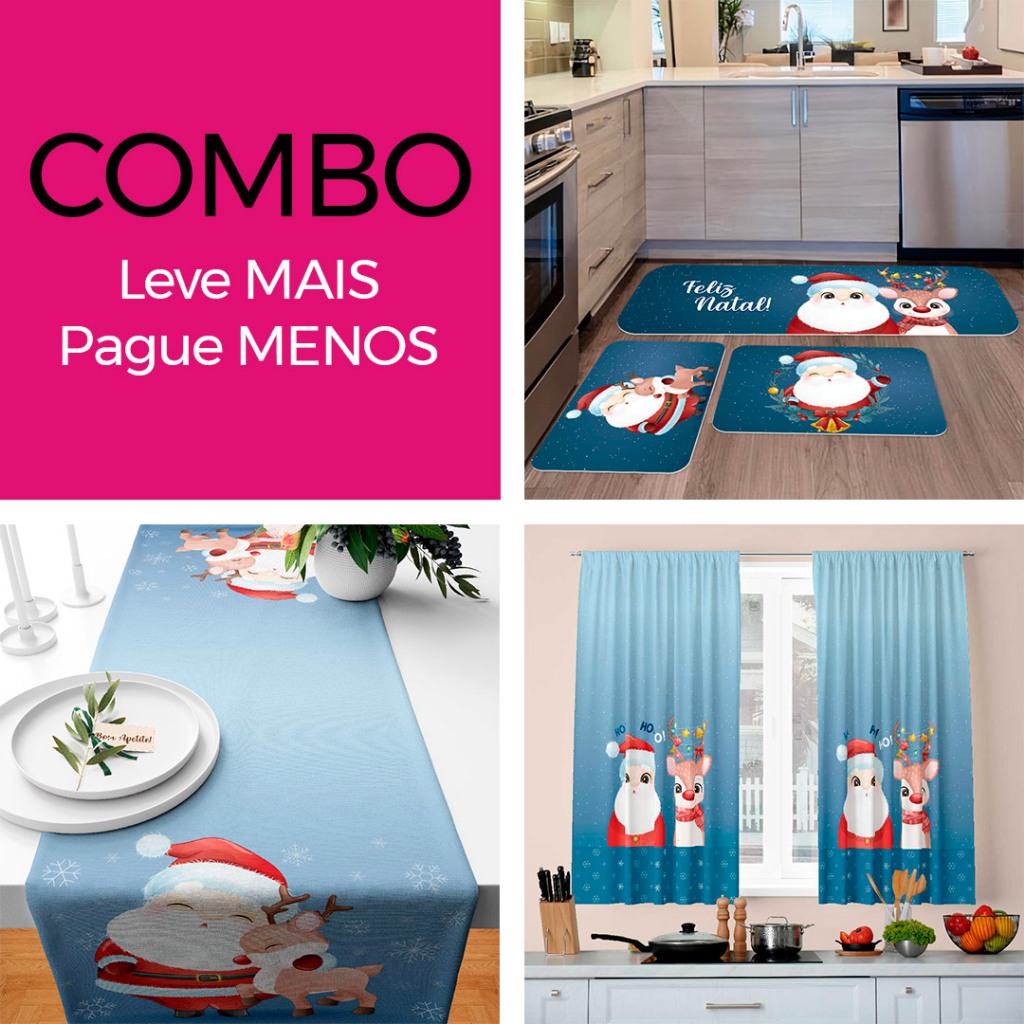 COMBO COZINHA NATALINO 04: CORTINA DECORATIVA + KIT 3 TAPETES PARA COZINHA + TRILHO DE MESA - LEVE MAIS PAGUE MENOS!