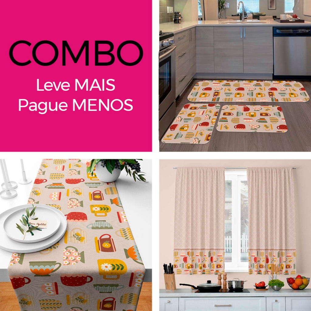 COMBO COZINHA XÍCARAS: CORTINA DECORATIVA + KIT 3 TAPETES PARA COZINHA + TRILHO DE MESA - LEVE MAIS PAGUE MENOS!