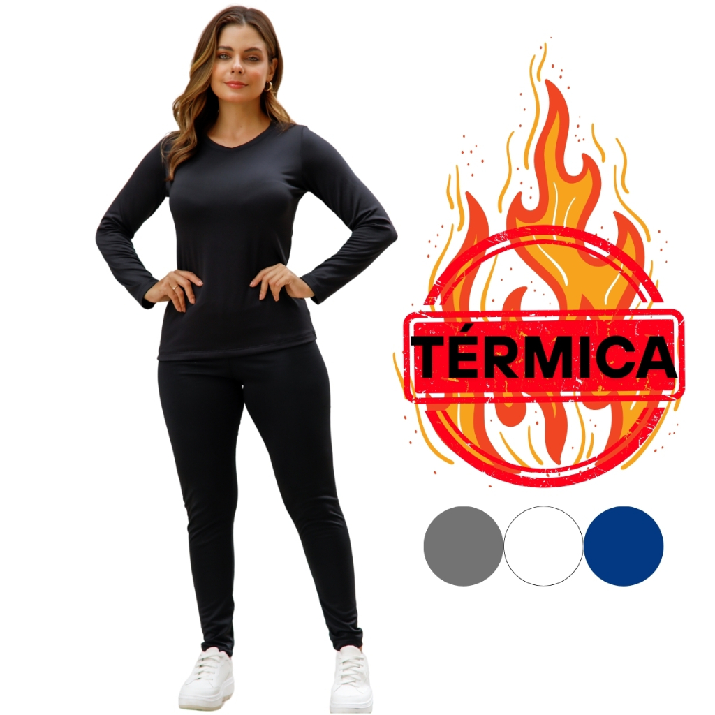 Kit Feminino Roupa Térmica Blusa e Legging em Suplex Flanelado Quentinho Moda Báscia Slim Fit 60375A