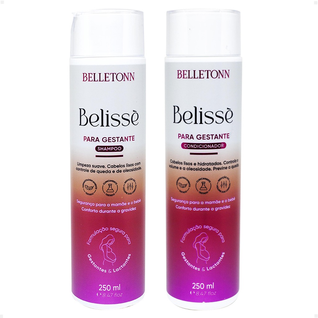 Kit Shampoo + Condicionador Belissè Para Gestantes e Lactantes Efeito Liso 250ml Vegano Cruelty Free Belletonn