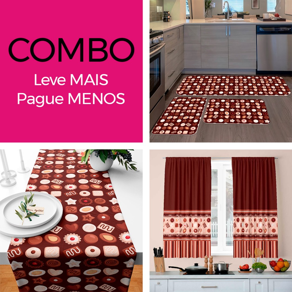 COMBO COZINHA CHOCOLATES: CORTINA DECORATIVA + KIT 3 TAPETES PARA COZINHA + TRILHO DE MESA - LEVE MAIS PAGUE MENOS!