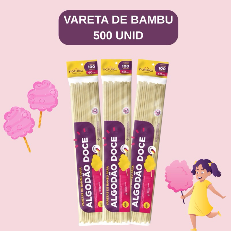 500 Vareta Palito Algodão Doce Redondo 40 Cm Resistente - Natural Produtos