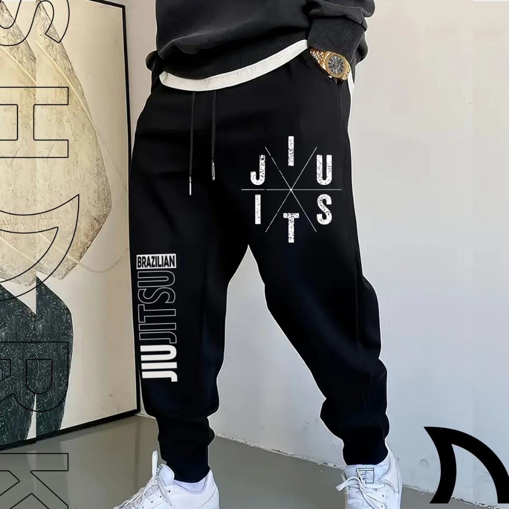 Calça Masculina Moletom Esportiva Jiu Jitsu Artes Marciais Simbolos Treino Inverno