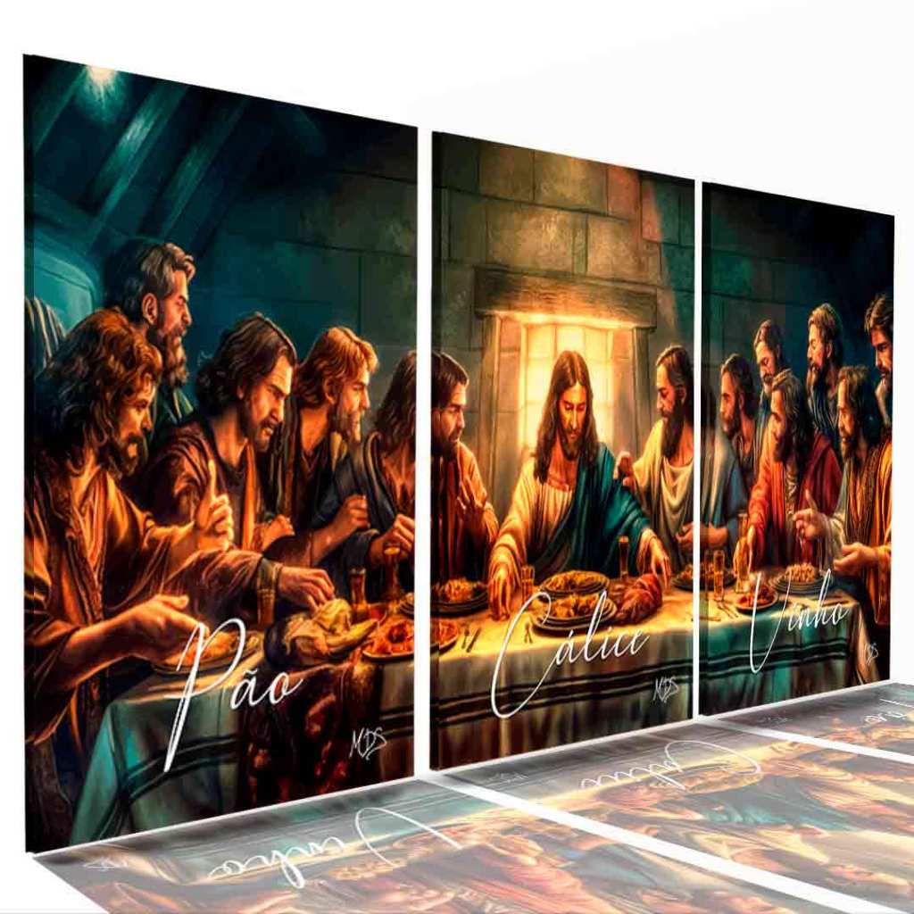 Kit 3 Peças Quadro Decorativo Última Santa Ceia Jesus Cristo Apóstolos Religioso Sala Quarto