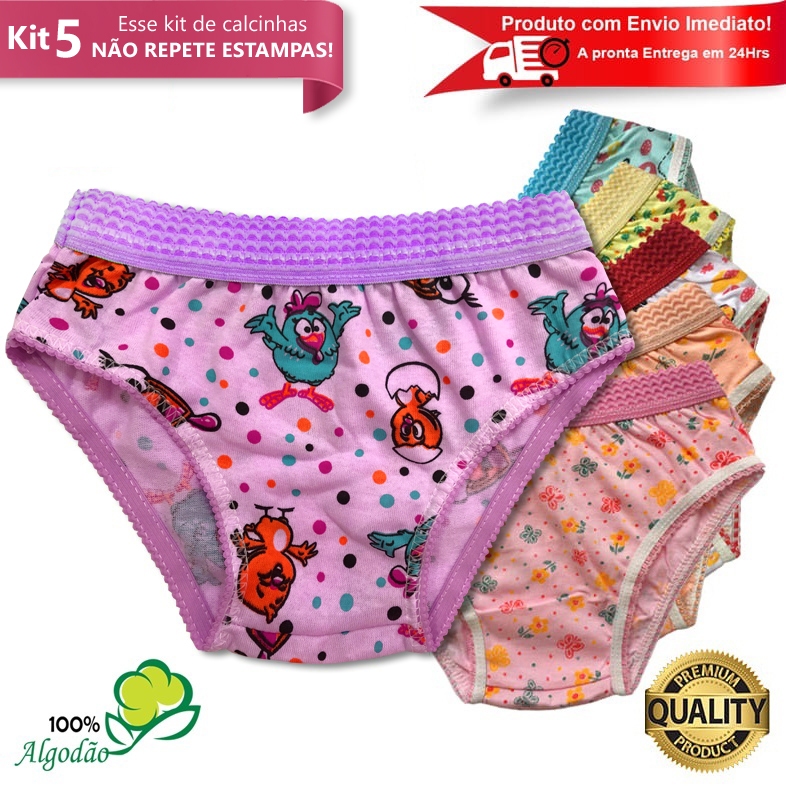 Kit 5 Calcinhas Infantil Algodão Cós Elástico Estampada Menina