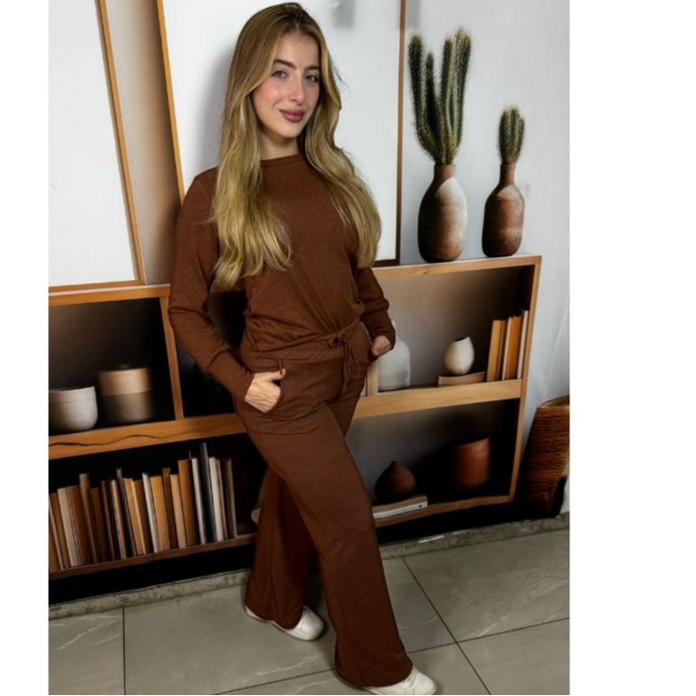 CONJUNTO FEMININO INVERNO CALÇA PANTALONA, CINTURA ALTA COM ELÁSTICO E BLUSA LANZINHA