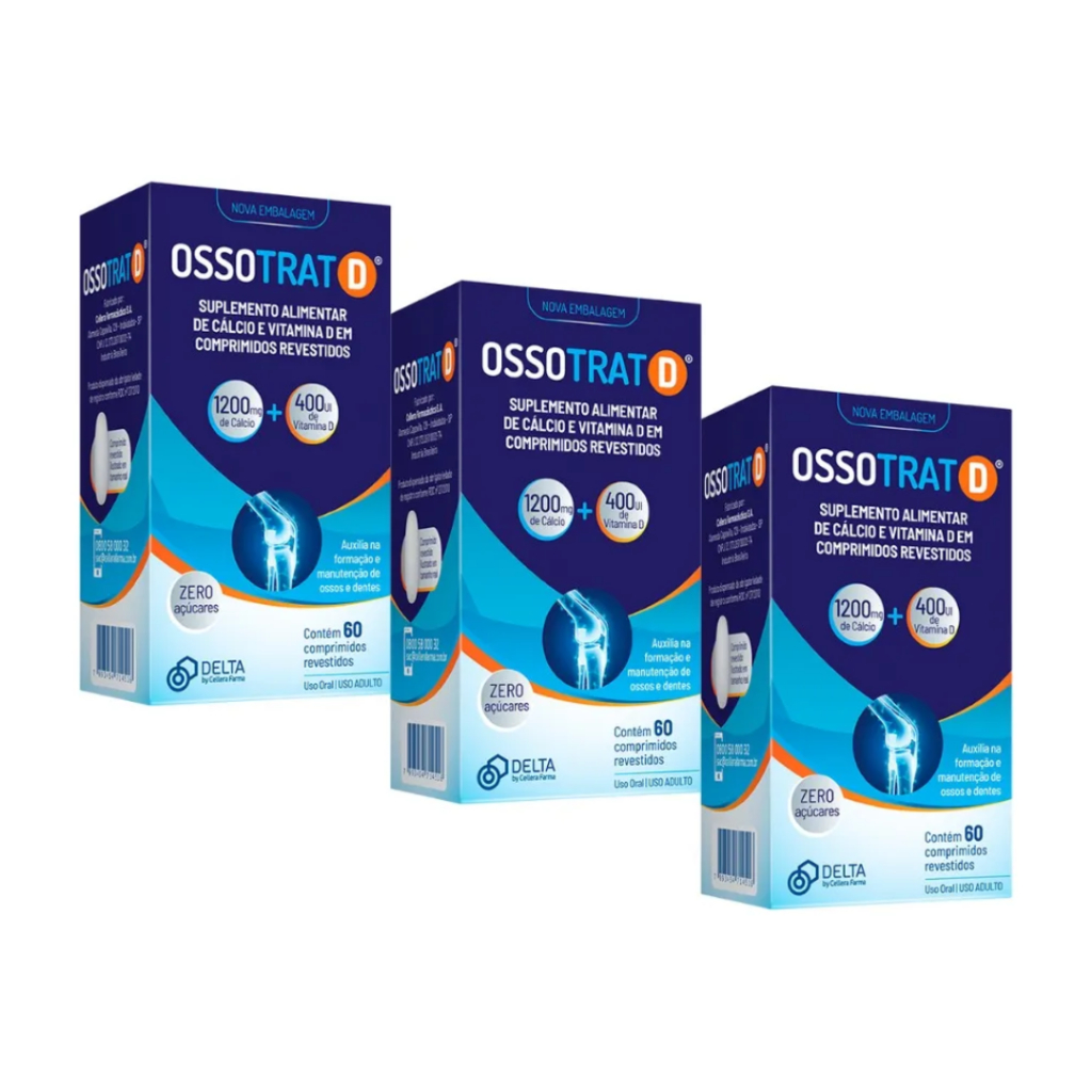 Kit 3x Ossotrat-d 60 Comprimidos Cálcio 600 + Vit D3 Zero Açucar
