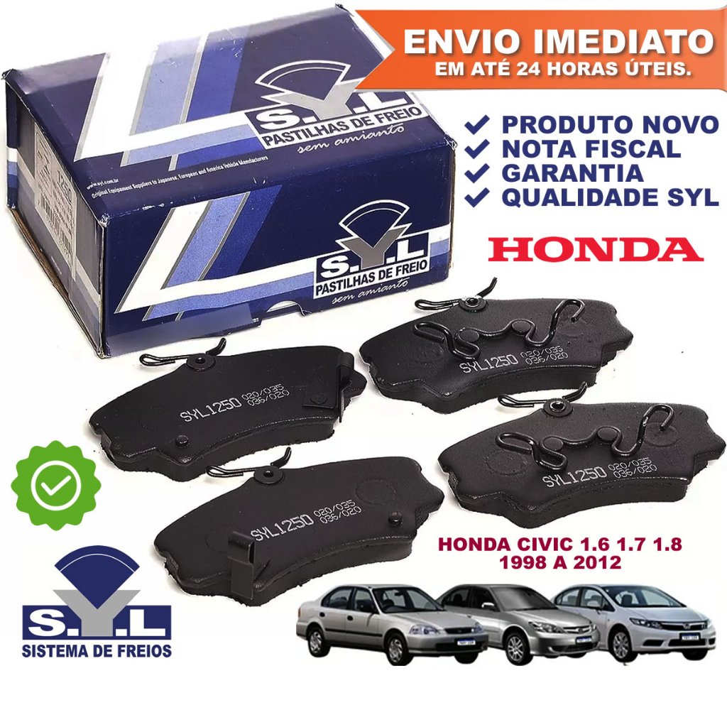 Pastilha de freio Dianteiro Honda Civic 1.6 1.7 1998 a 2006 New Civic 1.8 2007 a 2012 SYL 1250 c/ NF