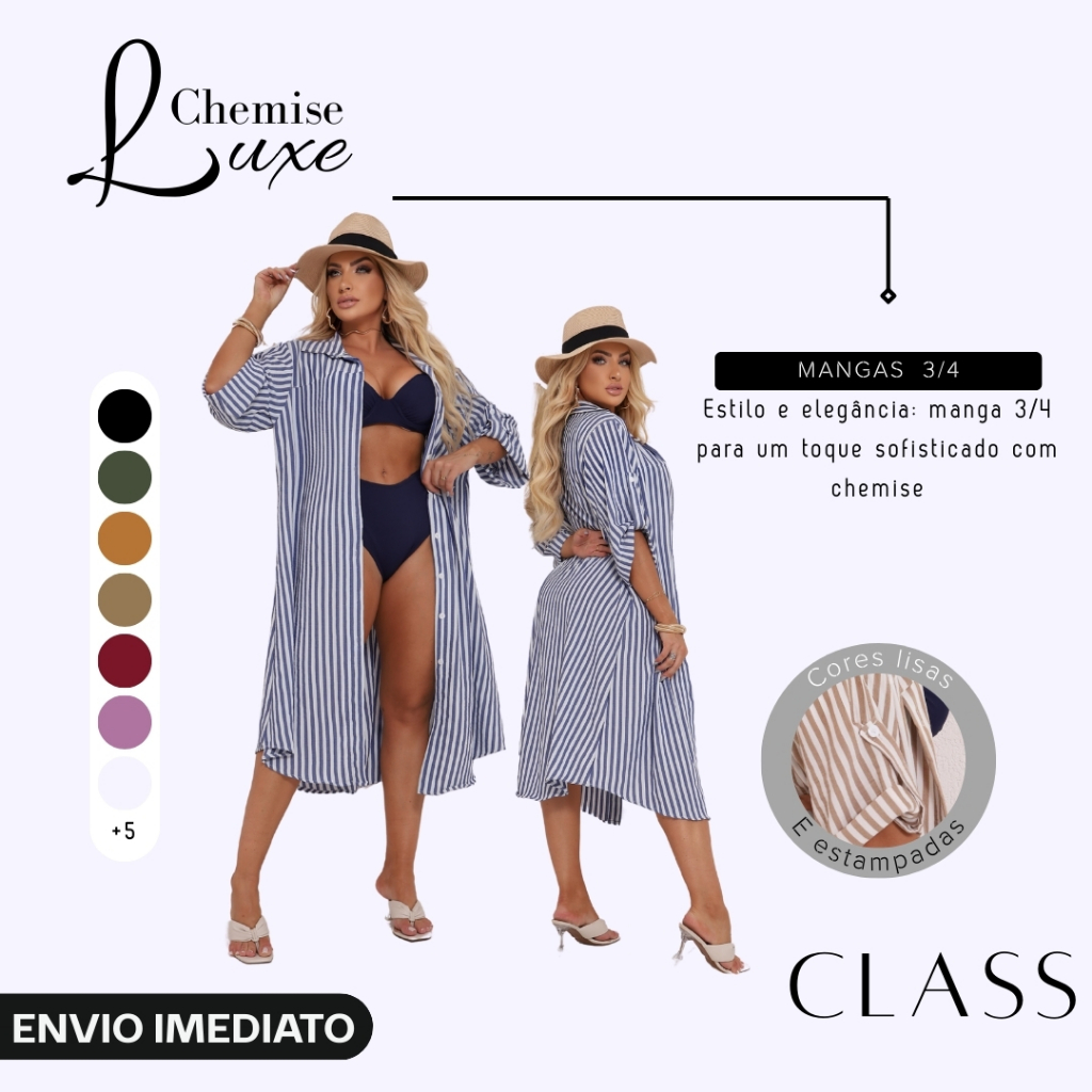 CLASS  Vestido Chemise Plus Size CLASS | Manga 3/4, Tecido Duna e Linho Premium (46 a 50)