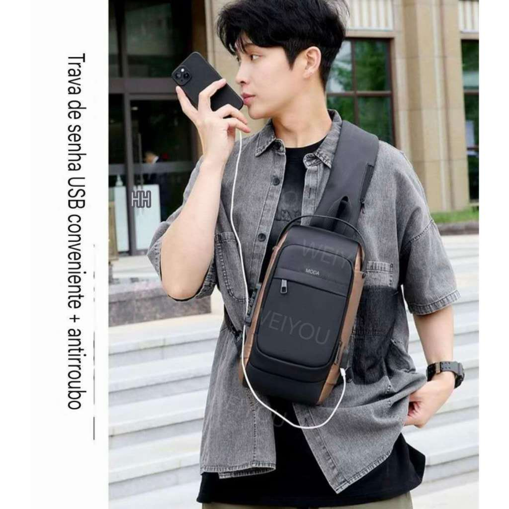 Mochila compacta de ombro transversal unilateral com trava de senha USB e à prova d'água em Oferta na Shopee