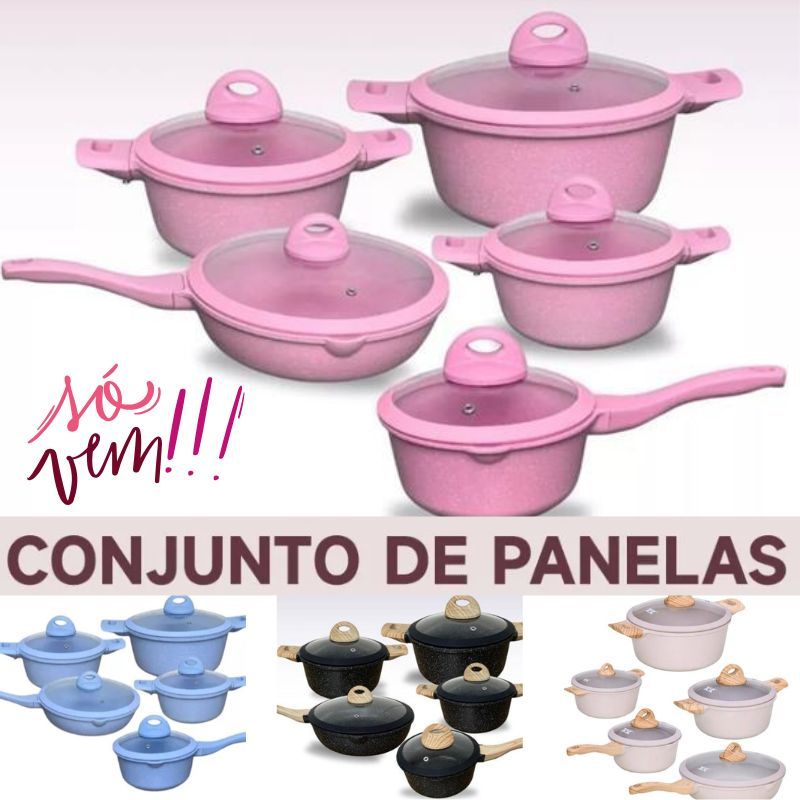 Conjunto de Panelas Rosa Jogo de Panelas 5 Peças Revestido em Cerâmica Granito Antiaderente