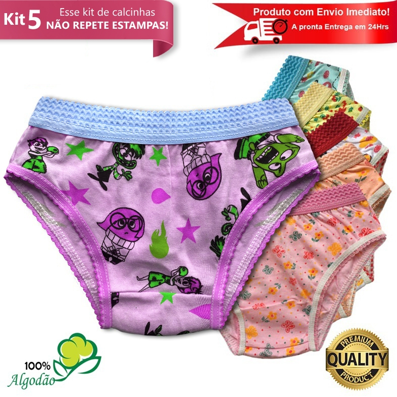 Kit 5 Calcinhas Infantil Algodão Cós Elástico Estampada Menina