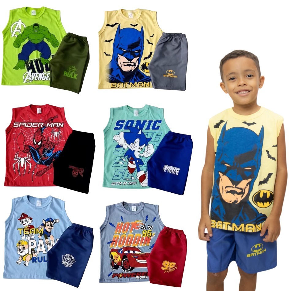 Conjunto Infantil Batman Personagens Criança Roupa Infanto Juvenil Menino Masculino - Verão - Camisa e Bermuda