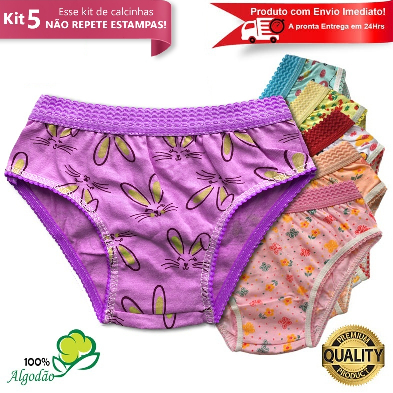 Kit 5 Calcinhas Infantil Algodão Cós Elástico Estampada Menina