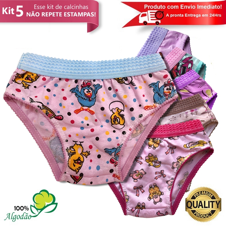 Kit 5 Calcinhas Infantil Algodão Cós Elástico Estampada Menina