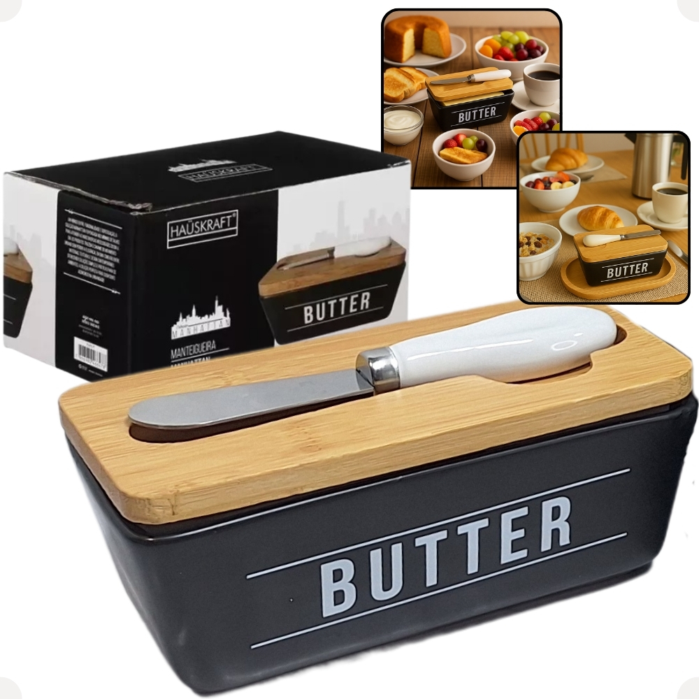 Manteigueira Com Tampa e Faca 400ml Porcelana Preto Fosco Bambu Mesa Posta Linha Manhattan Haüskraft em Oferta na Shopee
