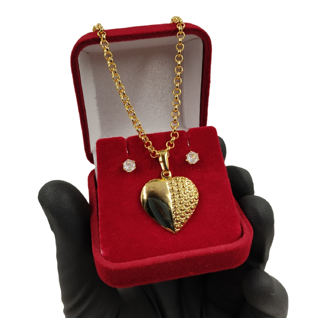Conjunto Feminino Banhado a Ouro 18K: Cordão Elo Português + Pingente Coração + Brincos