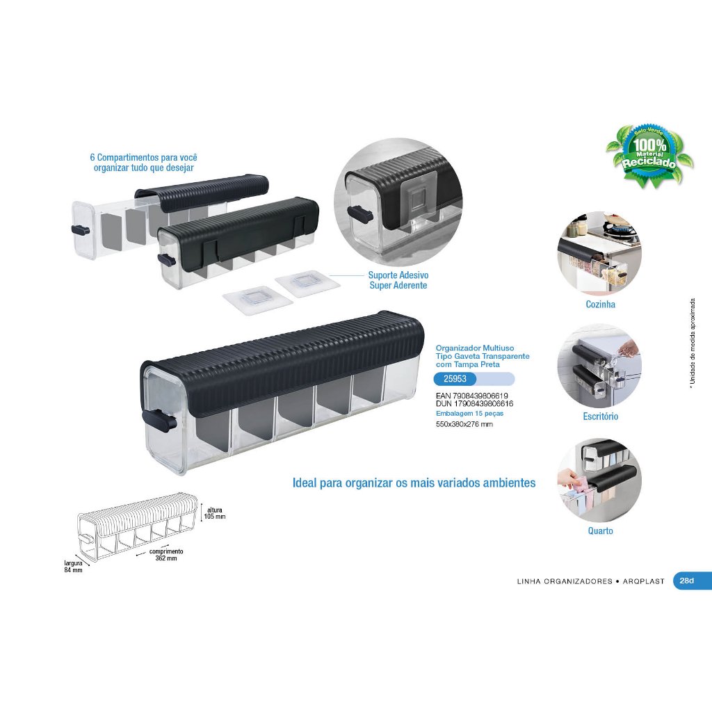 ATÉ 4 Organizador Multiuso Tipo Gaveta Com 6 Divisórias Preto COM TRANSPARENTE  compacto Blogueiras