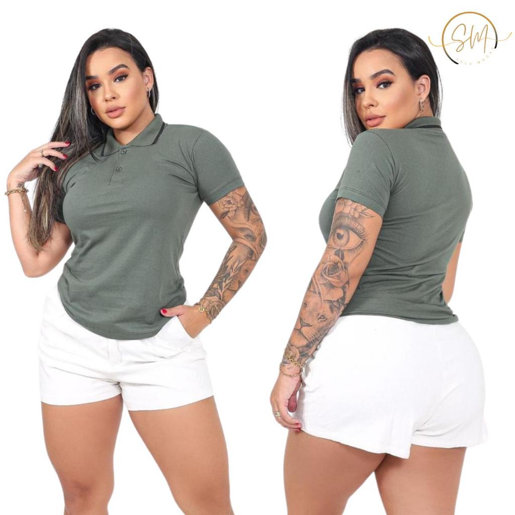 Kit 2 Camiseta Camisa Blusa Gola Polo Feminina Baby Look Lisa Manga Curta Social Trabalho