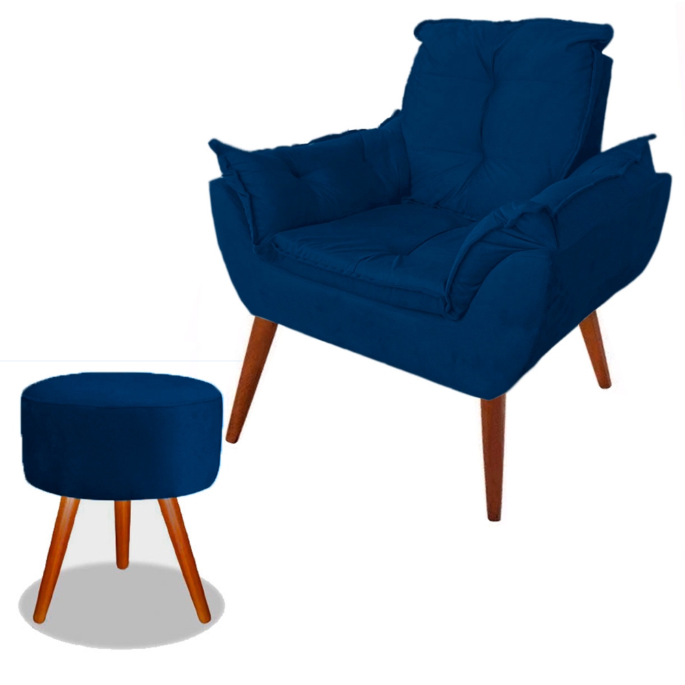 Poltrona Cadeira Suede Azul-Marinho Com Puff Decoração Para Sala e Escritório