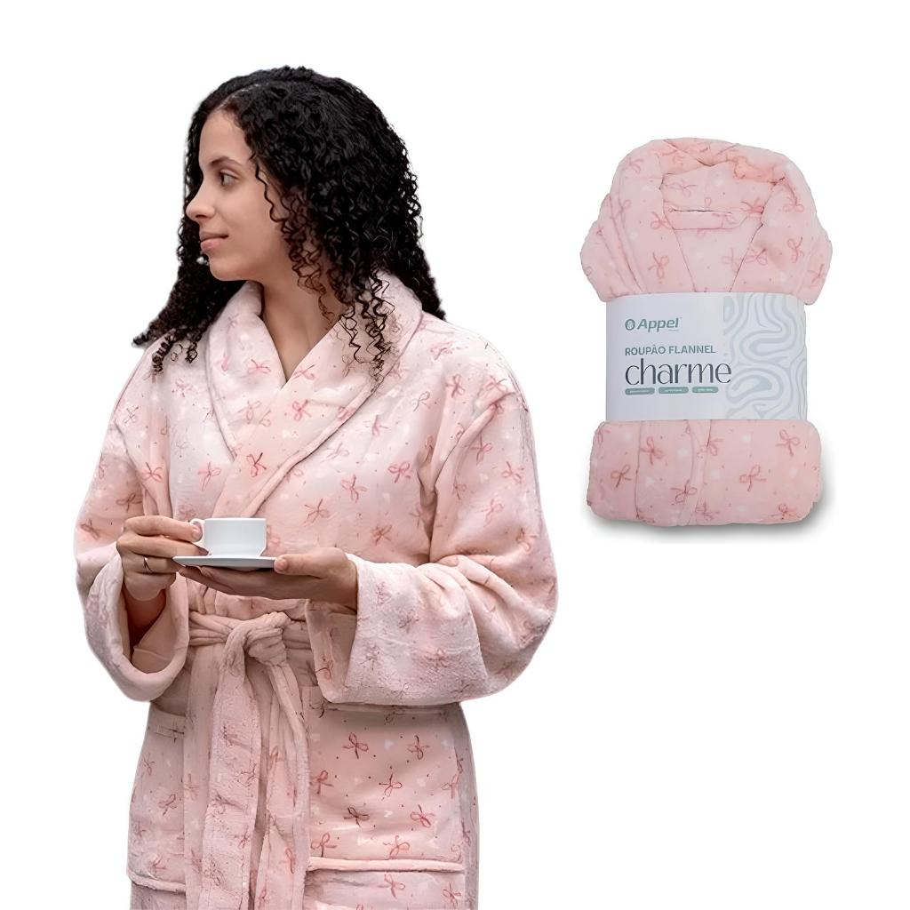 Roupão Rosa Feminino Microfibra Quente Charme Flannel Appel