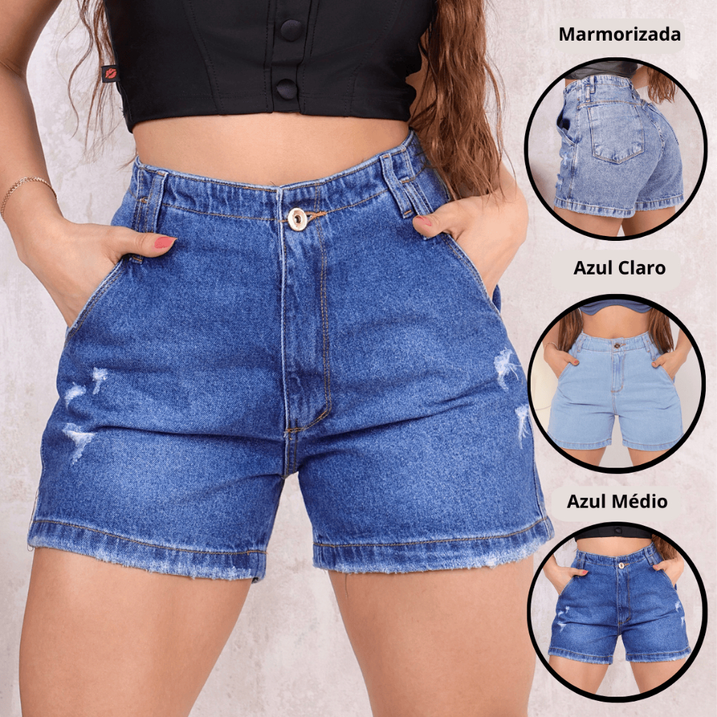 Bermuda Meia Coxa Boyfriend Feminina Cintura Alta Jeans 100% Algodão Vintage Marmorizada Destroyed em Oferta na Shopee