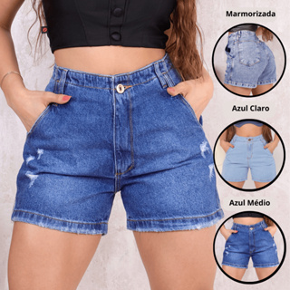 Bermuda Meia Coxa Boyfriend Feminina Cintura Alta Jeans 100% Algodão Vintage Marmorizada Destroyed em Oferta na Shopee