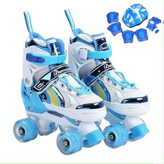 Patins 4 Rodas Infantil Menino Azul Com Luz De Led Patins Criança Com Kit Proteção Promoção