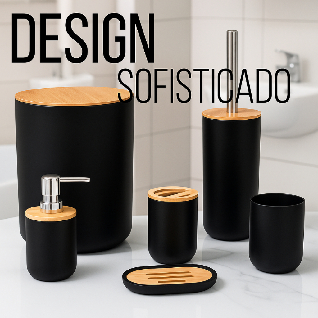 Kit Banheiro Conjunto 6 / 4 / 2 Peças Completo Lixeira Tampa Basculante Bambu Lavabo Escov...