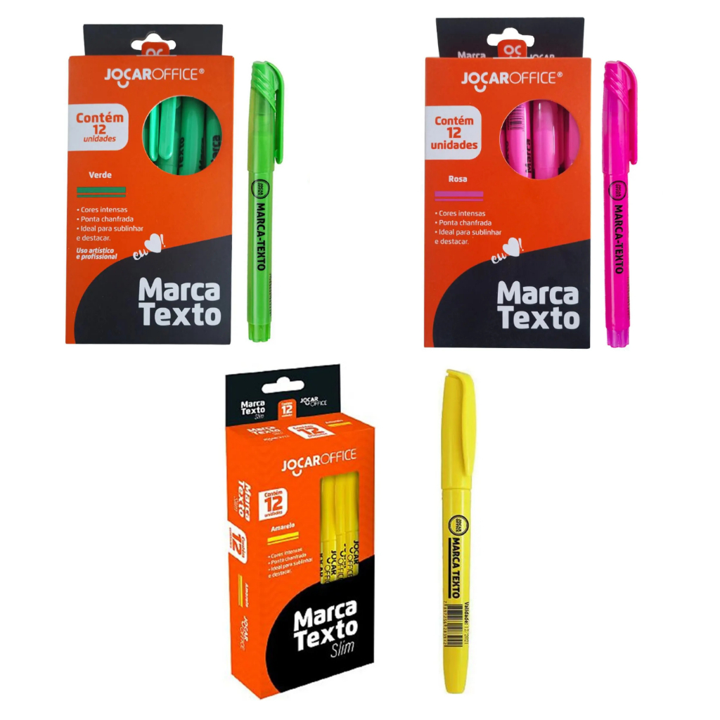 Caixa De Marca Texto Jocar Slim Com 12 Unidades Amarelo Verde E Rosa em Oferta na Shopee