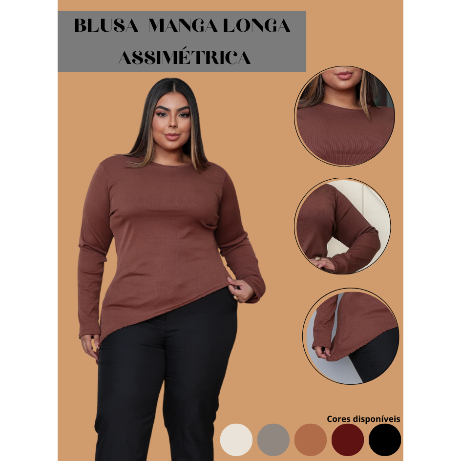Blusa Manga Longa Lisa Assimétrica Ponta Lateral Inverno Plus Size Malha em Ribana Bico Lateral Assimétrico em Oferta na Shopee