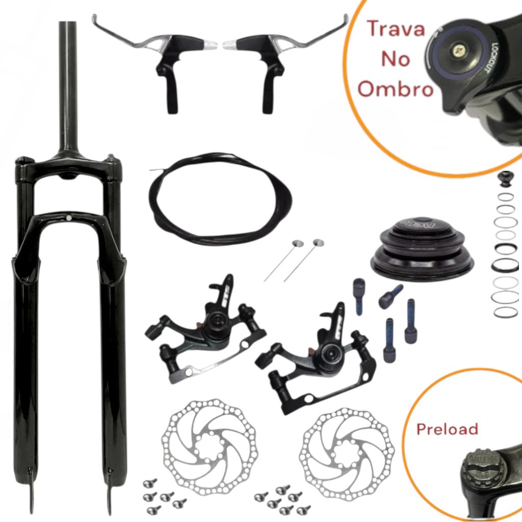 Garfo Suspensão aheadset over Aro 26 e 29 Com Trava + freio A Disco mecanico + Manete aluminio para bicictela Bike