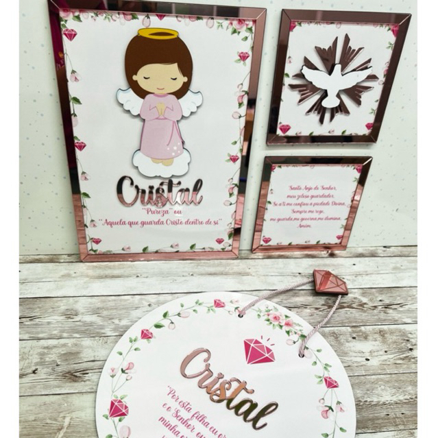Kit Guirlanda Cristal + Kit quadros Anjinha Santo anjo do senhor e Espírito Santo