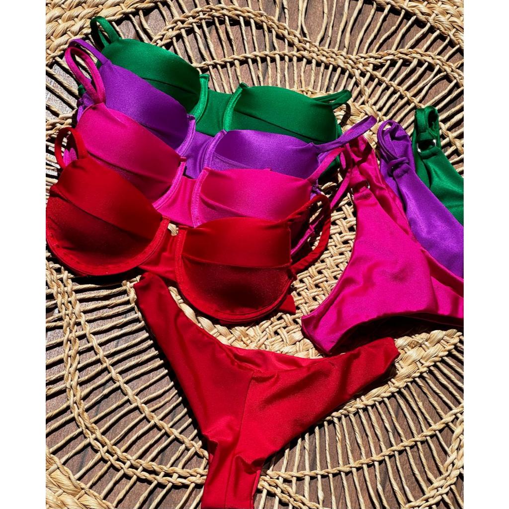 Biquíni Feminino Retro Meia Taça com Aro Calcinha Fio Duplo com bojo adquirido Verão 2025 em Oferta na Shopee