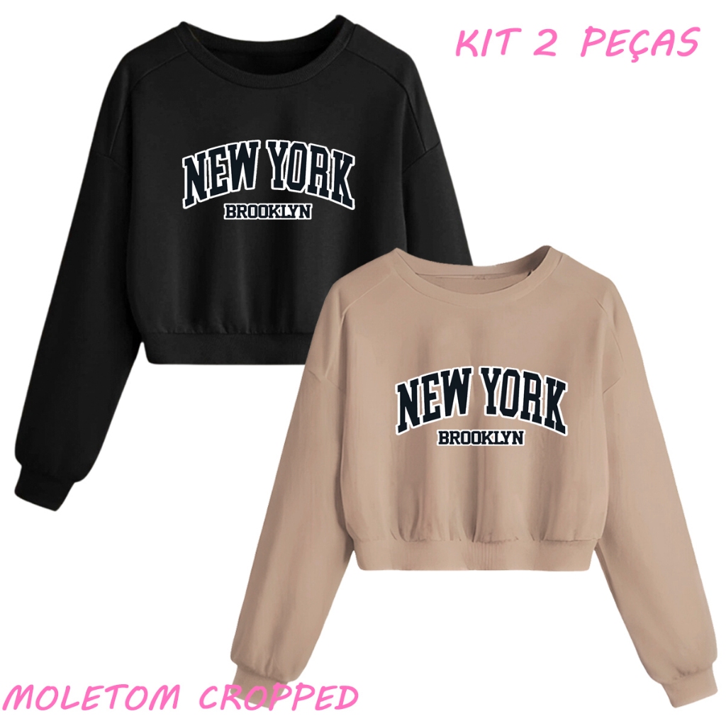 Kit Moletom 2 peças Blusa Cropped Estiloso Confortavel New York Brooklyn