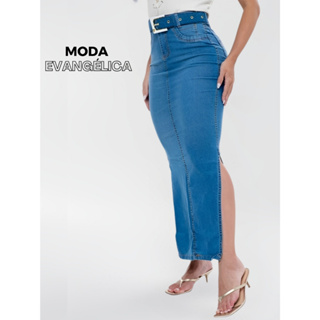 Saia Longa Jeans Cintura Alta com Fenda nas Duas Laterais Moderna Com Cinto Moda Evangélica 7Pallas em Oferta na Shopee