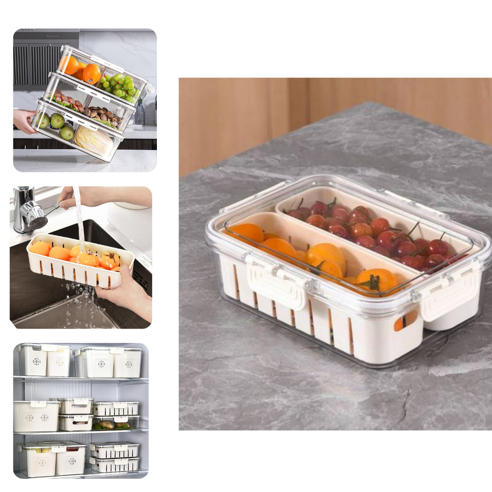 Organizador de Geladeira Suporte Cesto Hermético com Tampa Transparente Divisórias Frios e Legumes