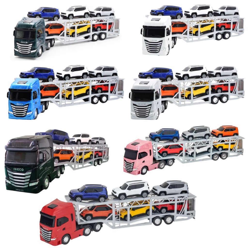 Caminhão Cegonha Jeep Iveco S-Way Miniatura Infantil Criança Coleção Carrinhos Brinquedo Resistente
