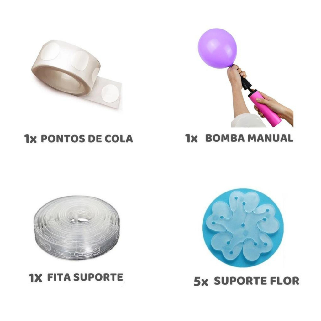 Kit Bomba Balão + Fita Arco Desconstruído + Fita Ponto Cola + 5 Suporte Bexiga Flor