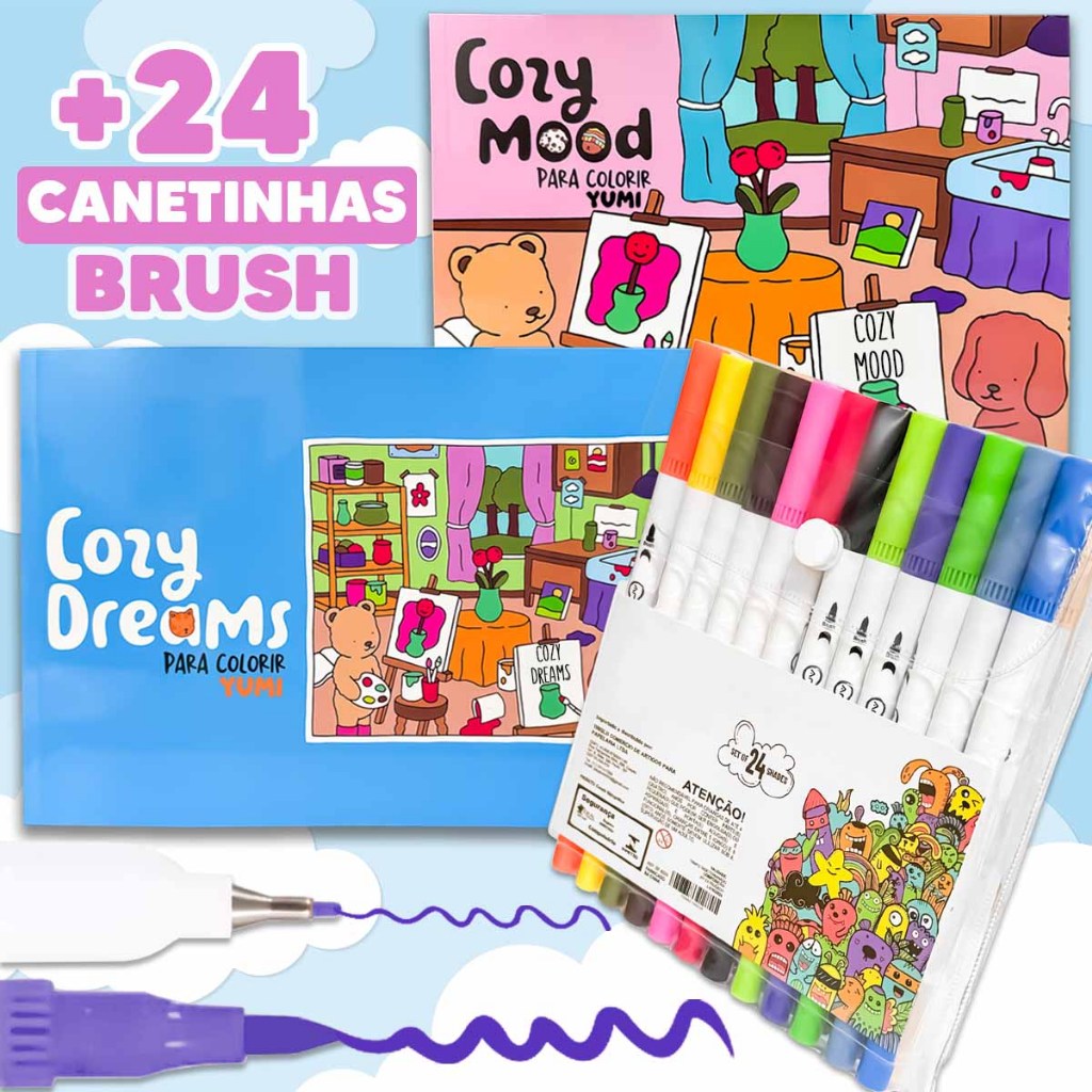 Kit Livro de Colorir Comfy Little Friends + Canetinha Touch Brush Pen Ponta Dupla PROFISSIONAL em Oferta na Shopee