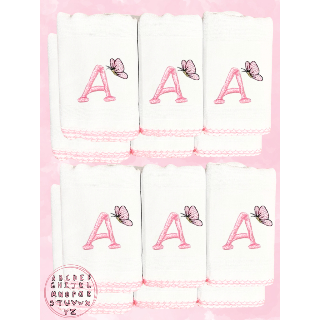 Kit 10 Ombro Fralda Personalizado Com Inicial Do Nome Do Bebe Grande 68x68 Hipoalergênico Bordado